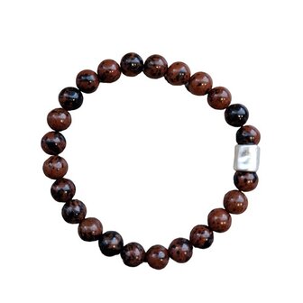 Mahonie Obsidiaan heren armband met matzilverkleurkraal