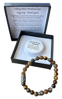 Heren armband  8 mm Tijgeroog en Bandagaat met Viking kraal 