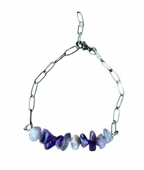 Zilverkleurige schakel armband met split natuursteen Amethist