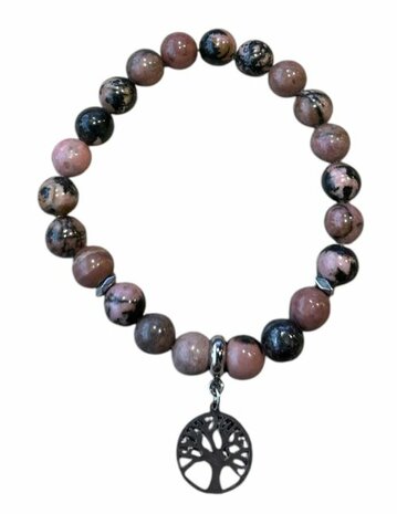 Rhodochrosiet Matrix armband met Tree of Life bedel