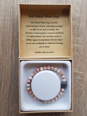 Dames armband natuursteen Red Veined White Onyx RVS Boeddha