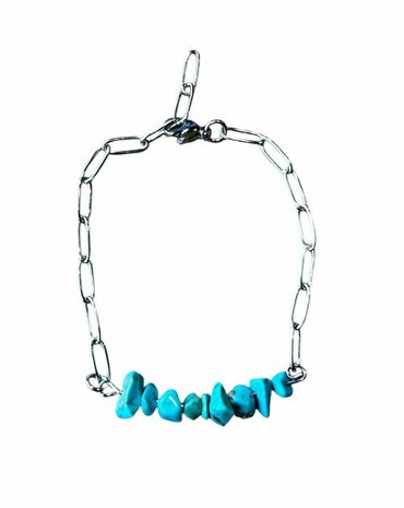 Zilverkleurige schakel armband met split natuursteen Turquoise