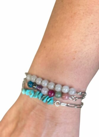 Zilverkleurige schakel armband met split natuursteen Turquoise