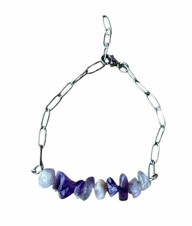 Zilverkleurige schakel armband met split natuursteen Amethist